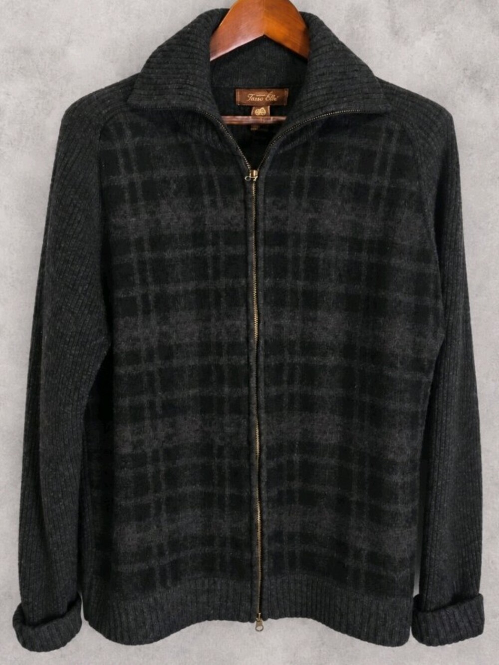 Tasso Elba Men's L 100% Merino Wool Full Zip Sweater Charcoal Plaid Vintage Y2K